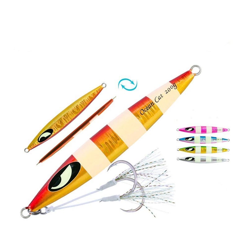 OCEAN CAT Slow Pitch Jig Flat Fall Jigs Saltwater Fishing Jig Vertical Baits with Glow Jig Hooks 60g/80g/150g/200g/250g 240lb (#006: Red&Gold, 150g) - Image 1